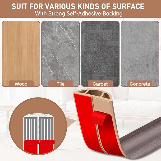 Floor Cord Cover Self Adhesive Cord Hider Floor Extension Cord Covers for Floor Power Cord Protector Cable Management Prevent Cable Trips Cable Cavity 0.47" W x 0.27" H (Brown Walnut Wood, 10Ft)