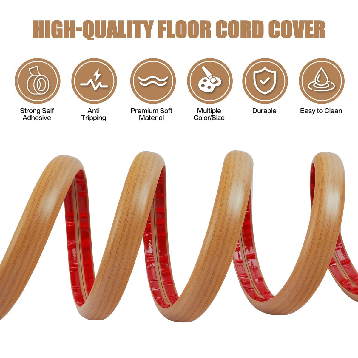 Floor Cord Cover Self Adhesive Cord Hider,10FT Cable Management, Extension Strip Protector for Wires, Prevent Cable Trips for Offices, Gyms, Exhibitions Cavity:0.51"(W) x 0.3"(H) Brown Wood