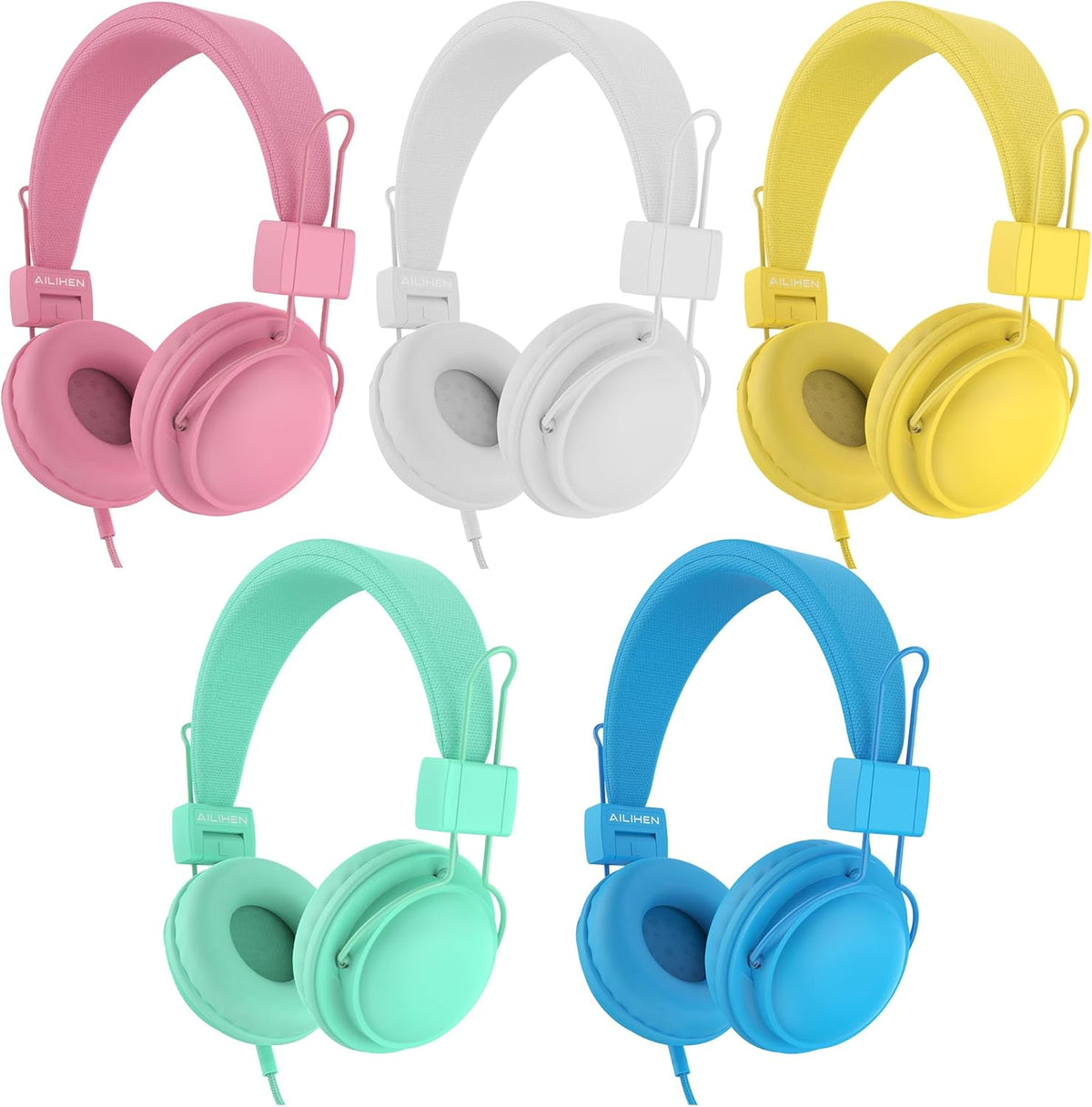 5-Pack K-12th 85dB 3.5mm AILIHEN Kids Headphones Wired Bulk for Grade, School & Classroom, with Microphone, Volume