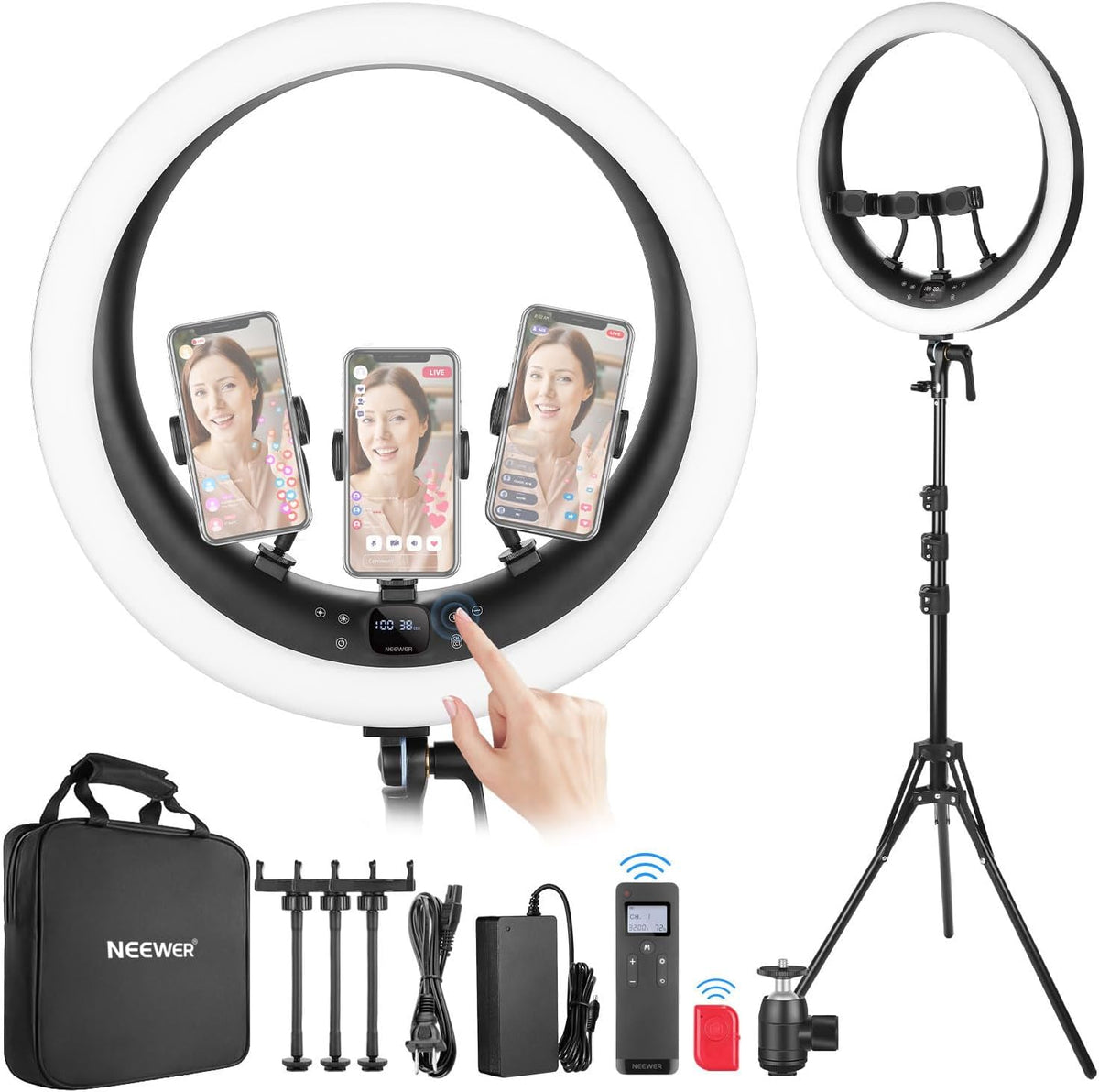NEEWER 19 inch Ring Light with Stand, 3 Phone Holders and Mini Ball Head, Upgraded 2.4G & Touch Control, Smooth Dimming at 1%, 3200K-5600K for Selfie TikTok Live Streaming Video Recording Zoom, RP19H