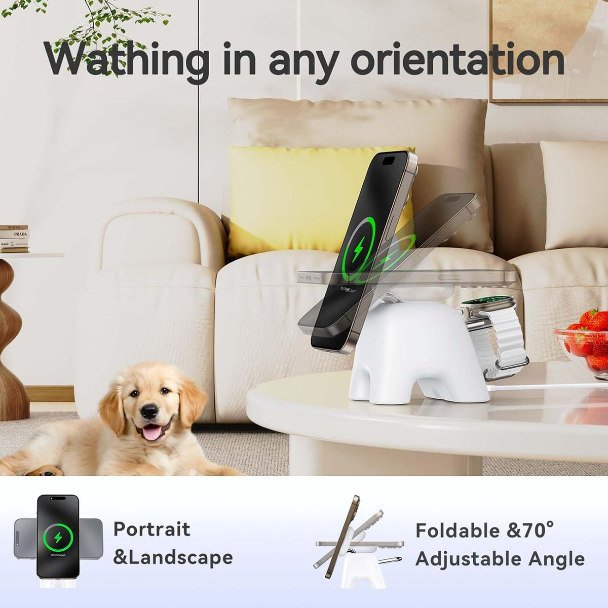 2025 Magnetic Wireless Charging Station, 15W Mag-Safe Charger Stand for iPhone 16 15 14 13 12 Pro Max, 5W for Apple Watch&Airpods, 2-in-1 Foldable Charger for Home/Office/Travel(with 30W Adapter)