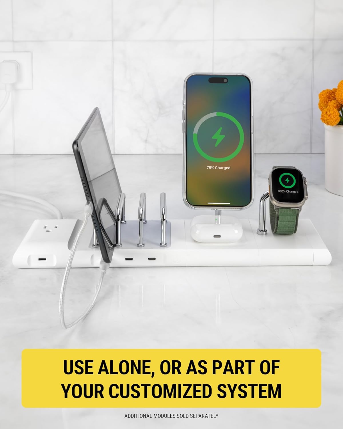 Scosche BL2MD BaseLynx™ 2.0 Vert, 60W USB-C Vertical Charging Station for Multiple Devices, Charger Organizer with 3 PD Fast Charge Ports, Modular System Compatible with Apple iPhone & iPad, White
