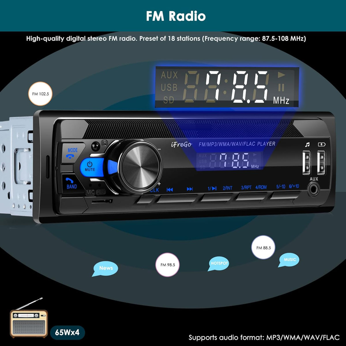 iFreGo USB,SD,AUX,7 MP3 Car Radio Bluetooth, Single DIN Car Stereo,FM Radio,Car Audio Receivers with Handsfree Calling
