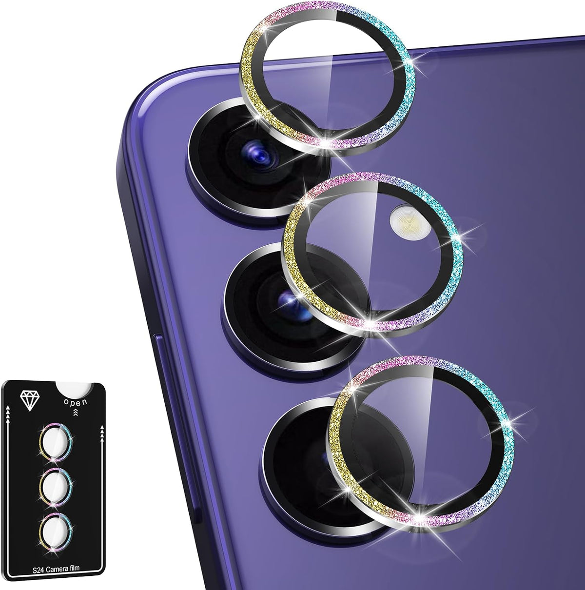 for Samsung Galaxy S24 Camera Lens Protector, Individual Metal Ring Tempered Glass Lens Cover, [Strong Adsorption] Scratch Resistant Ultra-Thin HD Clear Lens Cover, 1 Set-Colorful Sparkly
