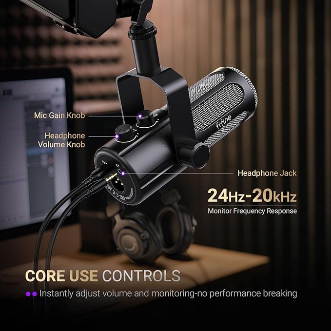 FIFINE Podcast Microphone USB/XLR Vocal Dynamic Microphone for Streaming Recording Broadcast Content Creator Studio Microphone for PC with Mute Button Headphone Monitoring-AmpliTank TANK6