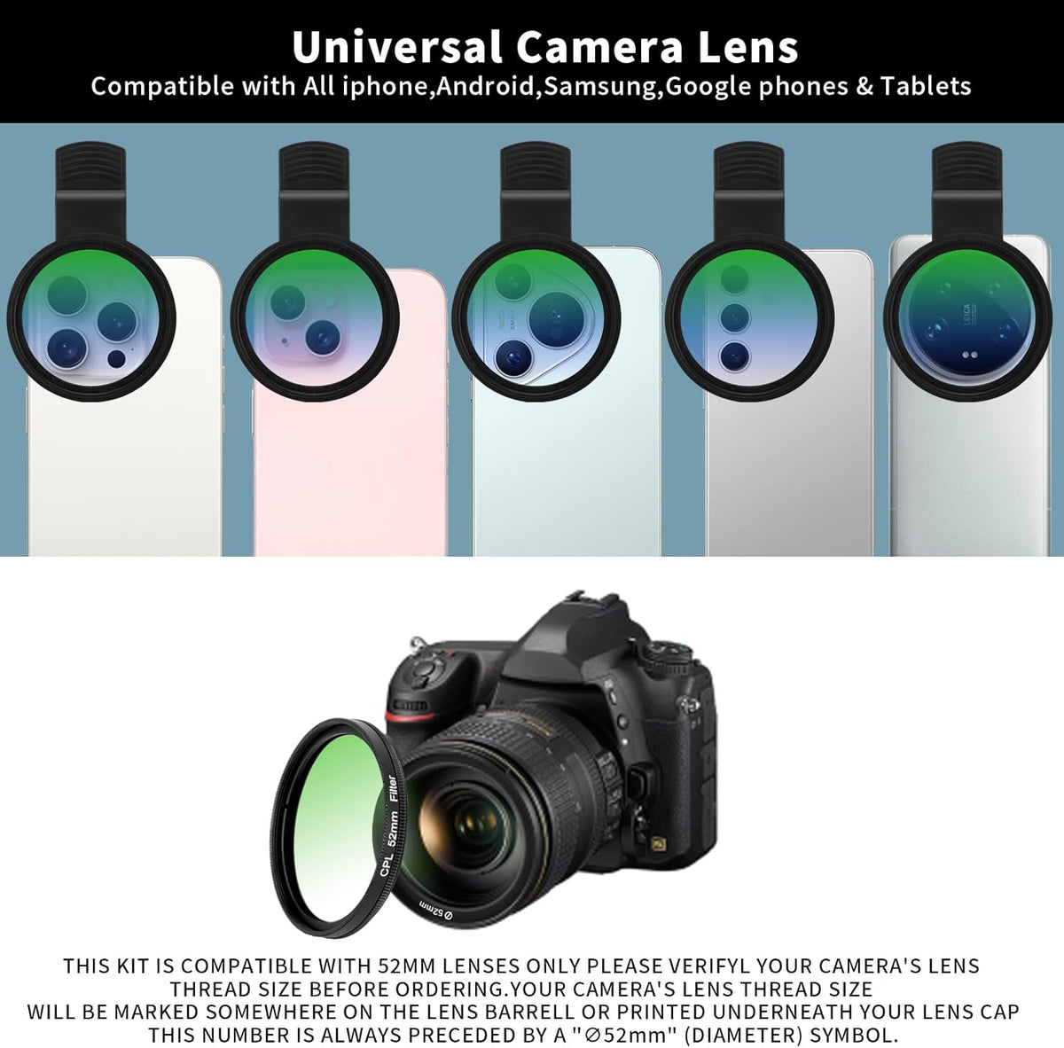 52MM CPL Filter for Phone, Clip-on Circular Polarizing Lens, HD Multi-Coated Optical Glass, Camera Lens Filter Kit Compatible with iPhone 16 15 14, Samsung, Google Pixel and Other Smart Phones