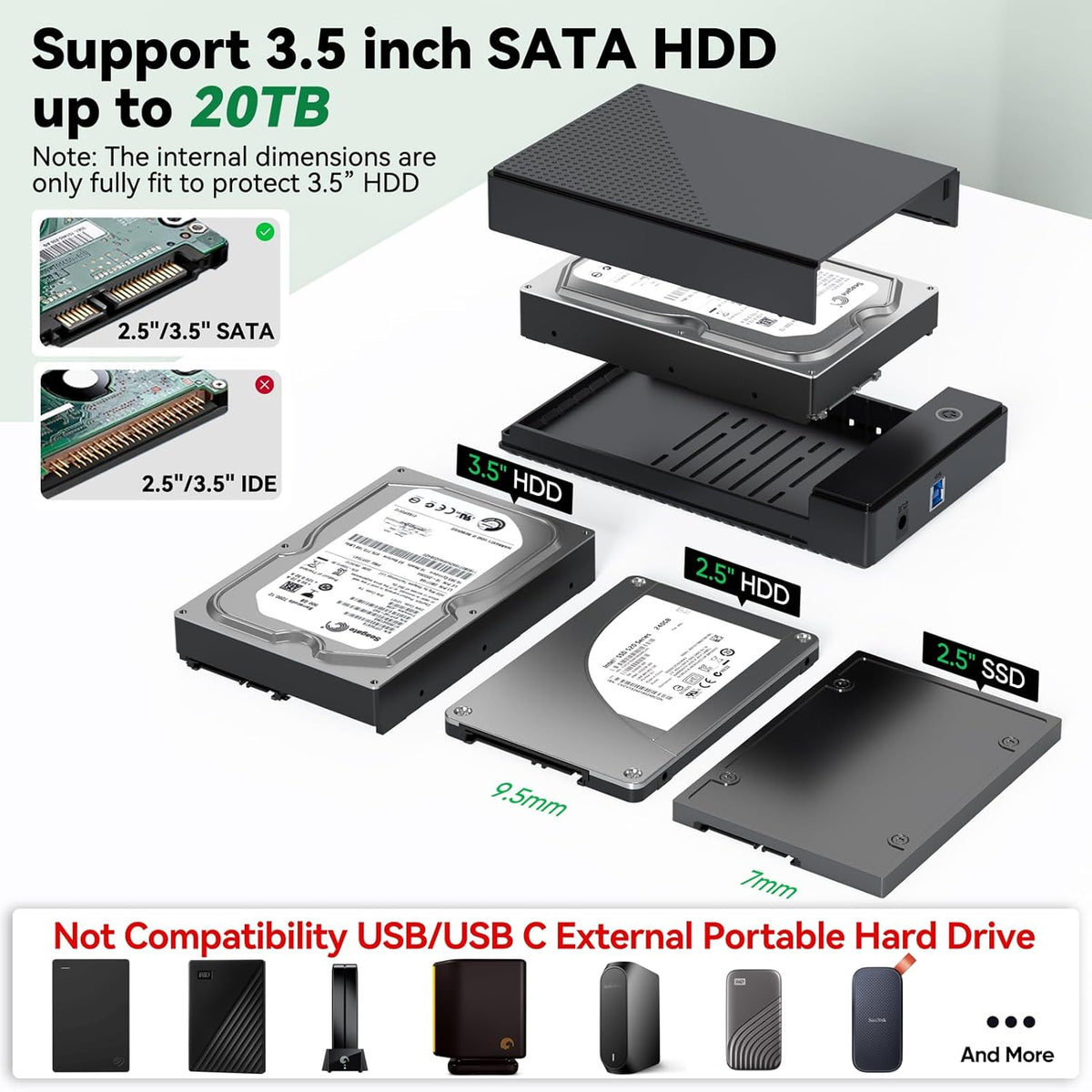 CLAVOOP 3.5 3.0 3.5/2.5 inch 20TB 12V 24W Hard Drive Enclosure, USB Internal/External Hard Drive Case Lay-Flat Dock