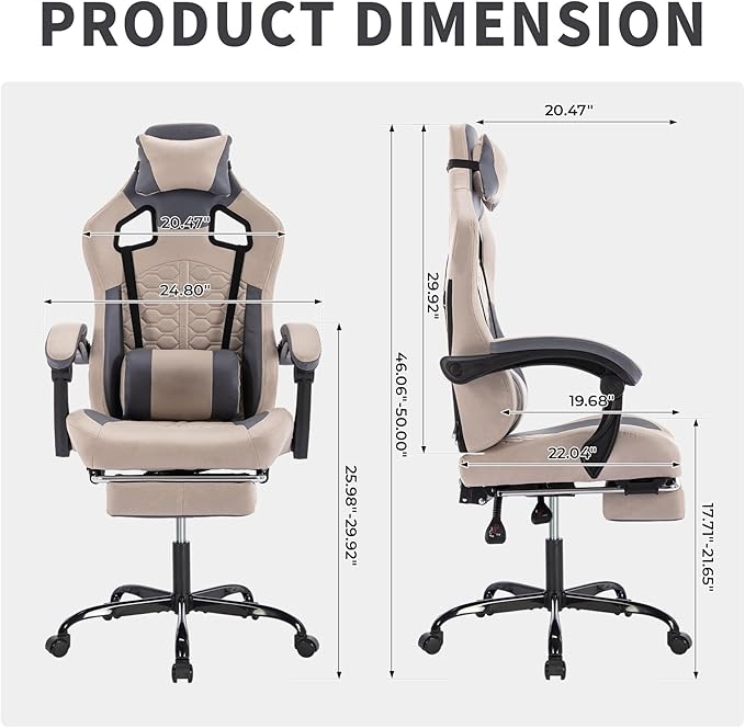 Grey 360° Swivel Gaming Chair Ergonomic Heavy Duty 330lbs Office Chair with Footrest and Massage Lumbar Support Height Adjustable High Back Reclining Gamer Chair with Headrest (Grey)