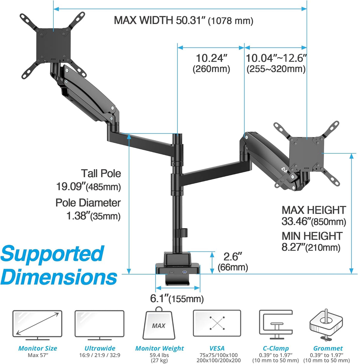AVLT Dual 57 Inch Heavy Duty Stacking Monitor Arm Pole Top Mount With USB-C USB-A Ports-Black, Height Adjustable, Easy Install Top C-Clamp/Grommet With Reinforcement Plates, VESA Compatible 200/100/75
