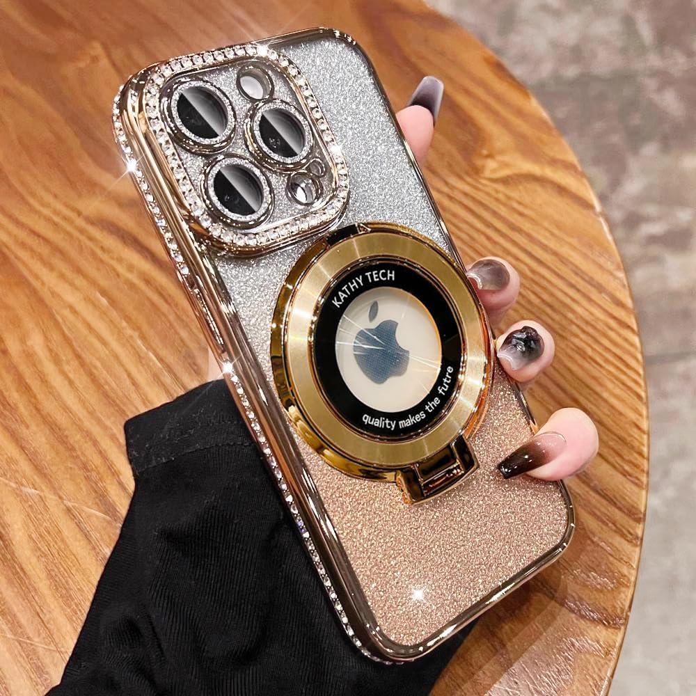 Magnetic Kickstand (Glitter Lens Protector ) Case for iPhone 15 14 13 12 Pro Max (Compatible with Magsafe ) Sparkling Diamond Cover Glitter Shiny Rhinestone Cases (Gold,for iPhone 15 Pro)