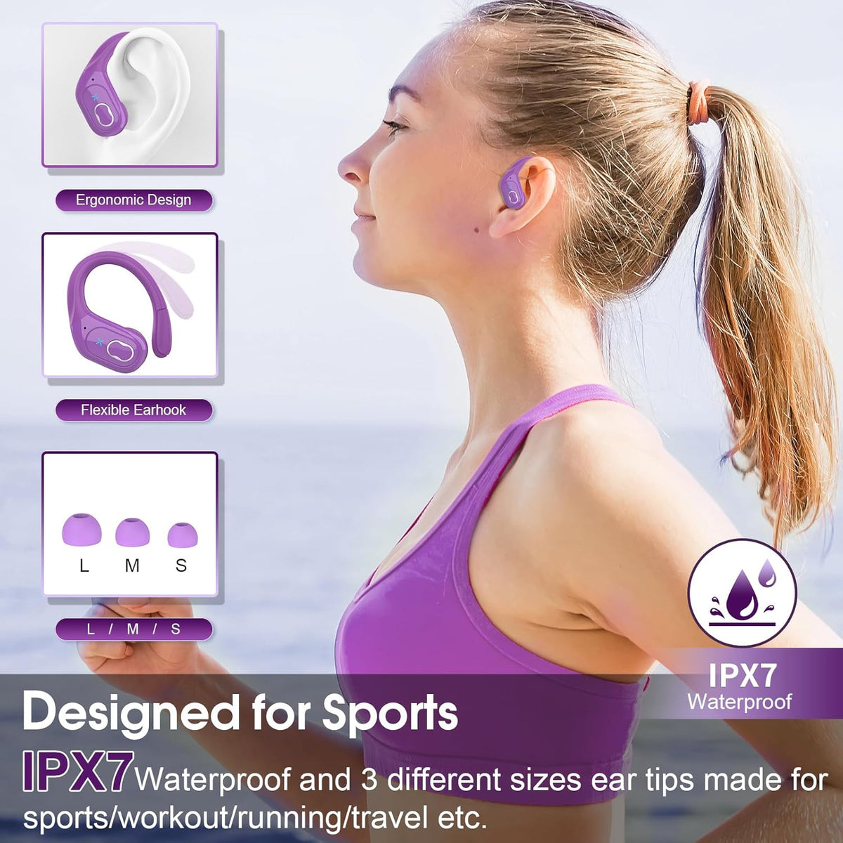Wireless Earbuds 75hrs Bluetooth 5.4 Headphone Sport, 2025 Bluetooth Earbuds Stereo Deep Bass Over Ear Bud with Earhooks, ENC Noise Cancelling Mic, IPX7 Waterproof Earphone, Purple