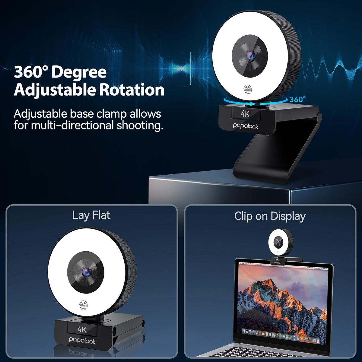 papalook 4K Autofocus Webcam with Light, UHD Web Camera with Remote Control and Dual Noise-Cancelling Mics, Plug and Play USB Webcams for PC Laptop Zoom Skype Teams Google Meet
