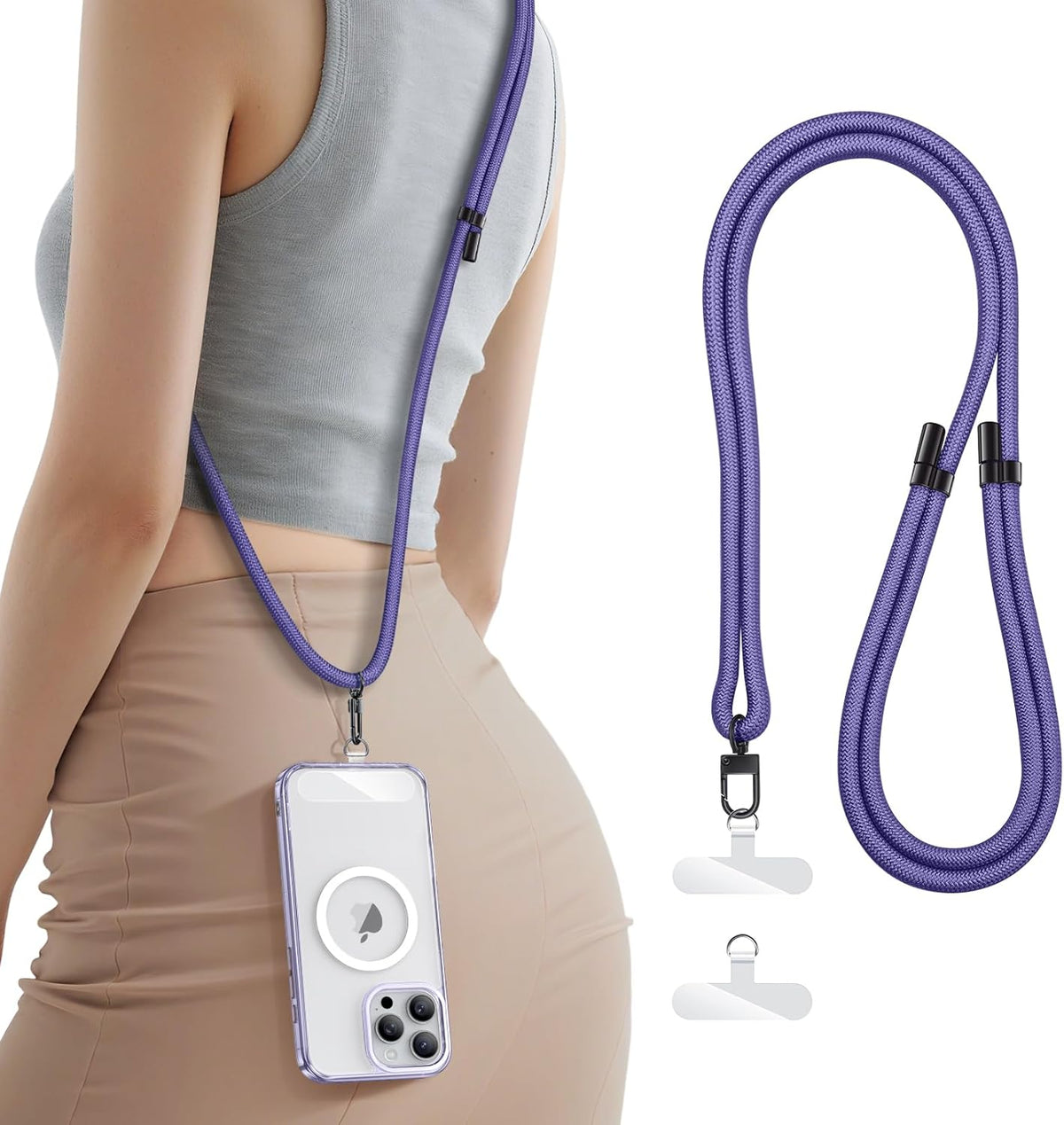 for Phone Lanyard Crossbody with 2X TPU Clear Phone Tabs, Multifuctional Double Flexible Neck Strap, Durable Sturdiness Carabiner, Lightweight Comfortable, Wrist for Women Men, Purple