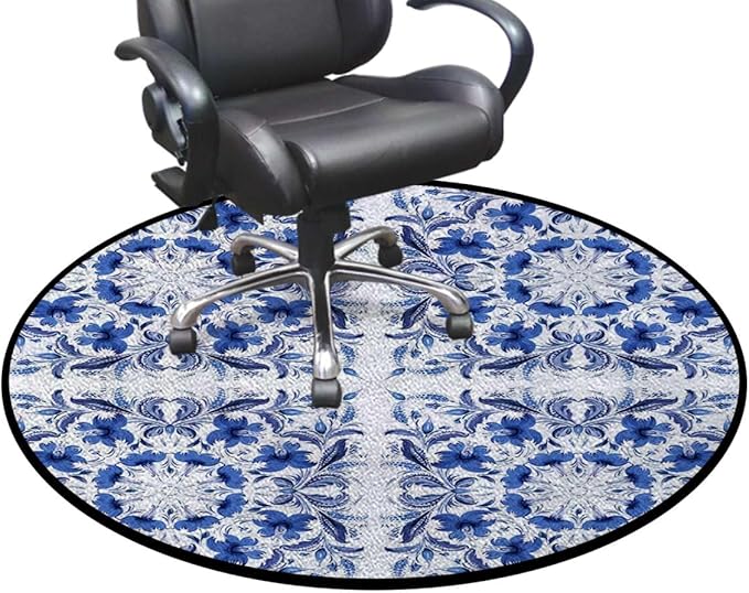 Blue Round Rug Nursery Rug for Bedroom Playroom Non Slip Educational Playmat Round Circle Carpet Porcelain Style Traditional Pattern Colors Diameter 39.4 in