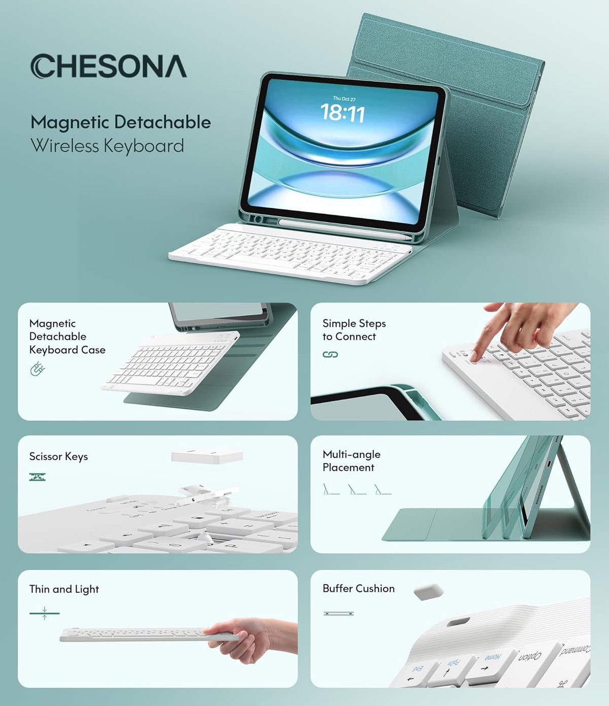 CHESONA Keyboard Case for iPad (A16) 11th/10th Generation (2025/2022), Detachable Wireless Keyboard, Stand Folio Keyboard Cover with Pencil Holder, Thin & Light (Lake Blue)