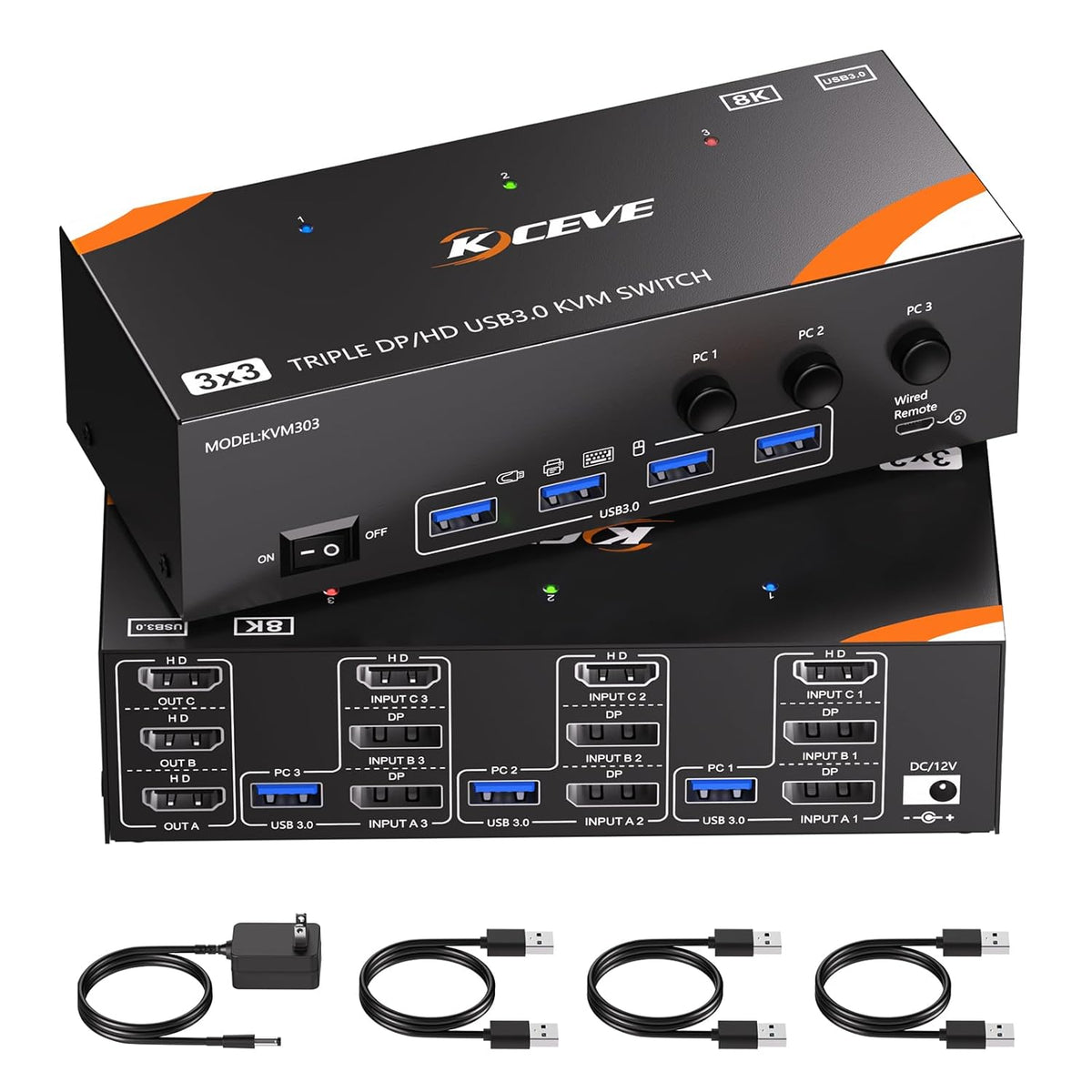 KVM Switch 3 Monitors 3 Computers 8K@60Hz/4K@120Hz, HDMI DP KVM Switches for 3 PC Sharing Triple Monitor and Keyboard Mouse with Power Adapter, Wired Extend Controller and USB3.0 Cables