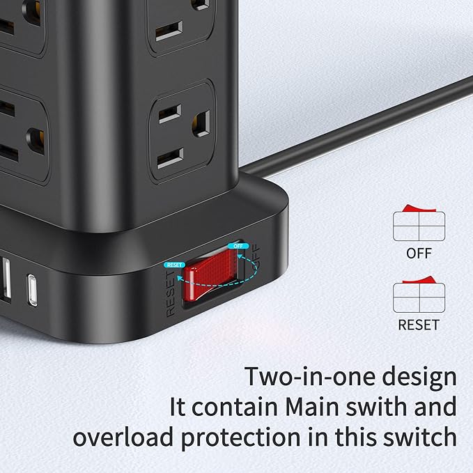 Extension Cord with Multiple Outlets, SMALLRT Power Strip Tower, Outlet Extender with 12 AC Outlets 4 USB, 6.5FT Extension Cord for Home Dorm Room, Office Supplies,Overload Protection