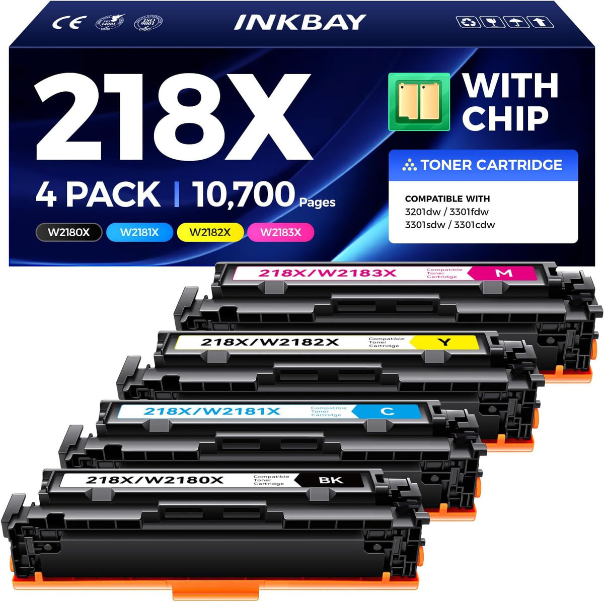 218X Toner Cartridge (with Chip) High Yield 4 Pack Replacement for HP 218X W2180X 218A W2180A Works with HP Color Laserjet Pro 3201dw MFP 3301fdw 3301sdw 3301cdw Printer Ink Black Cyan Yellow Magenta
