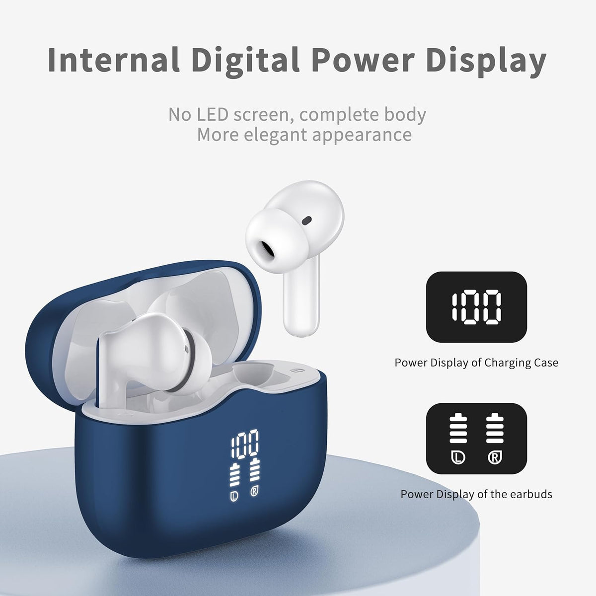 Wireless Earbuds, Bluetooth 5.4 Headphones in Ear with HiFi Stereo Deep Bass, 4 ENC Noise Cancelling Mic Wireless Earphones 40H, in-Ear Earbud Bluetooth Dual LED Display IP7 Waterproof, Dark Blue