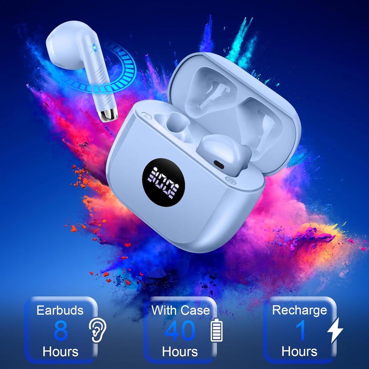 Wireless Earbuds, Bluetooth Ear Buds LED Power Display Headphones Bass Stereo, Bluetooth Earbuds in-Ear Noise Cancelling Mic, 40H Playback Mini Case IP7 Waterproof Sports Earphones for Android iOS