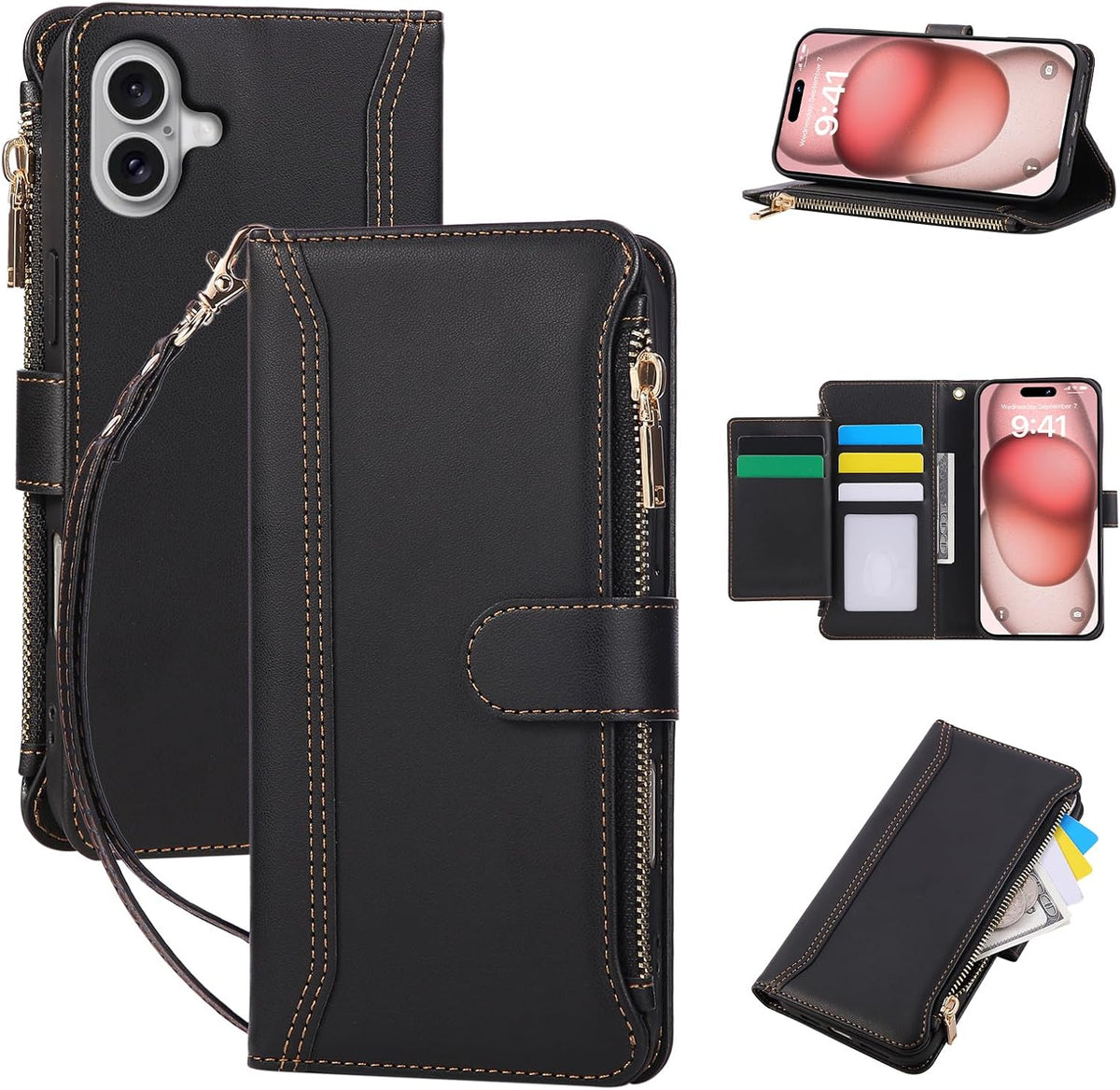 Compatible with iPhone 16 Wallet Phone Case-PU Leather Magnetic Flip Cover with Credit Card Slots,Zipper Pocket & Detachable Wrist Strap,Shockproof Design,for Women and Men-Black