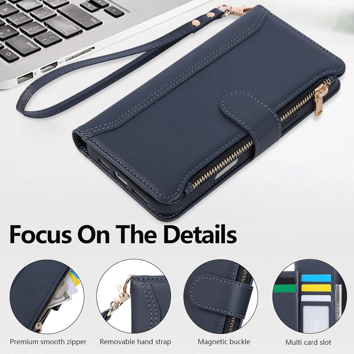 Compatible with iPhone 16 Wallet Phone Case-PU Leather Magnetic Flip Cover with Credit Card Slots,Zipper Pocket & Detachable Wrist Strap,Shockproof Design,for Women and Men-Navy Blue