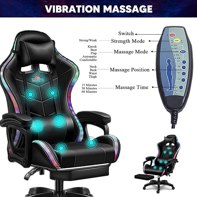 RGB Computer Chair with Footrest Massage Gaming Chair with Speakers Music Video Game Chair with Lumbar Pillow Support and Headrest High Back Gamer Chair Office Chair for Office or GamingWhite