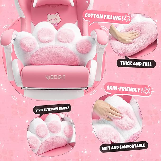 Pink Cute Cat Gaming Chair with Paw Lumbar Cushion Ergonomic High-Back Gamer Chair for Boys and Girls Adjustable PC Video Game Chair for Bedroom Study Home Office