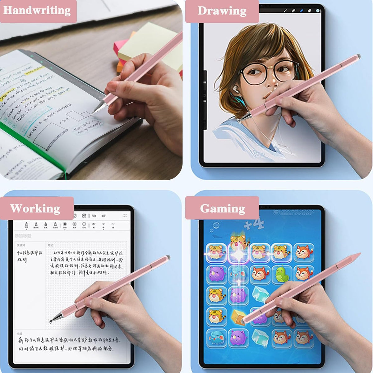 3 in 1 Universal Stylus Pen for Touchscreen,High Sensitivity & Precision Capacitive Stylus Pen for iPad Suitable for All Touch Screens of iPhone/iPad/Android/Samsung Galaxy/Tablets-Pink