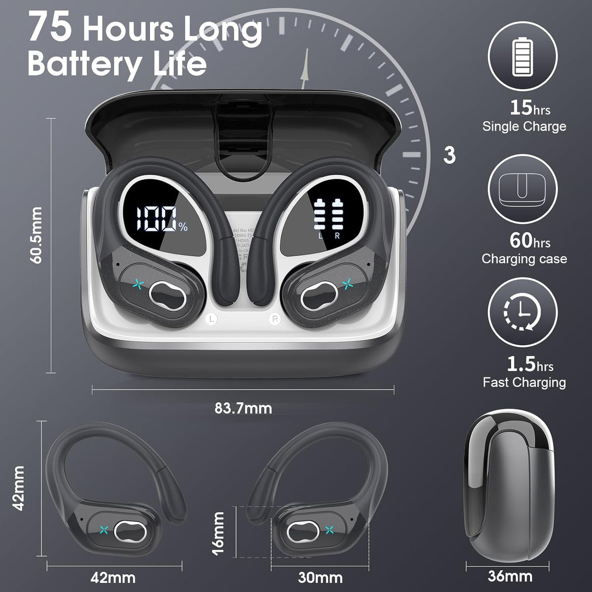Wireless Earbuds 75hrs Bluetooth 5.4 Headphone Sport, 2025 Bluetooth Earbuds Stereo Deep Bass Over Ear Bud with Earhooks, ENC Noise Cancelling Mic, IPX7 Waterproof Earphone, Iron Gray