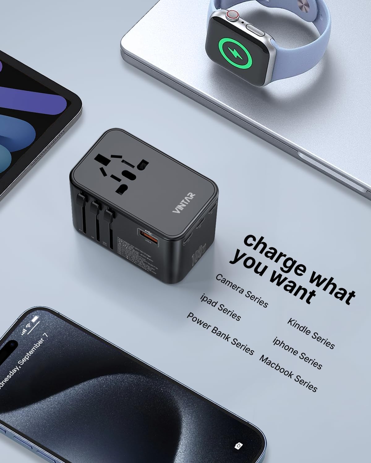Universal Travel Adapter, VINTAR 100W GaN International Power Adapter with 3 USB C PD and 1 USB A QC, All in One Plug Adapter, Travel Adapter Worldwide for EU/UK/USA/AUS(Type C/G/A/I)