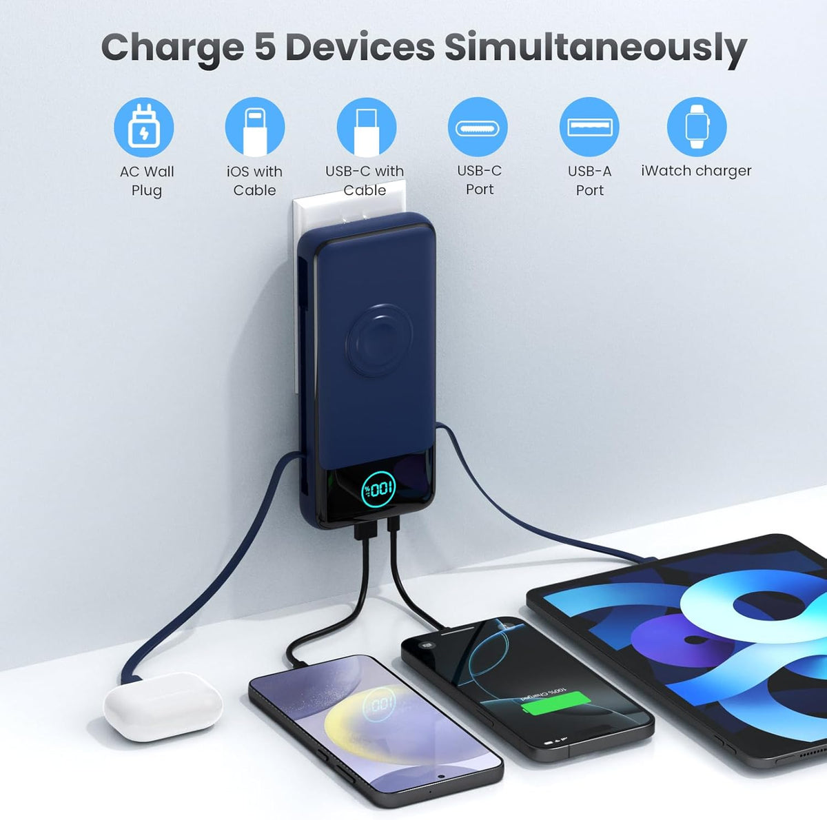 Portable Charger 26800mah for iPhone with Built-in Cables & AC Wall Plug,6-in-1 USB C Power Bank with iWatch Charger,25W PD Fast Charging Battery Pack for iPhone 16/15/14/13/12,Android,Apple Watch etc