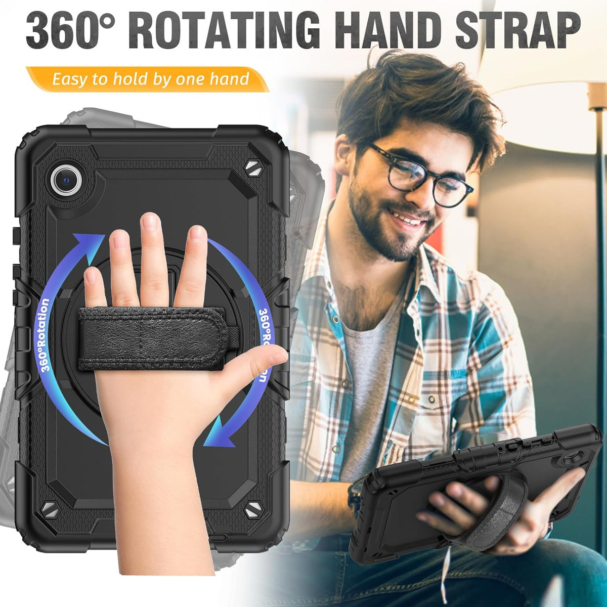HXCASEAC Case for Samsung Galaxy Tab A7 Lite, Protective with Screen Protector/Hand Strap/Pen Holder, Sturdy A7 Lite Tablet Case, SM-T220 SM-T225 SM-T227, Black