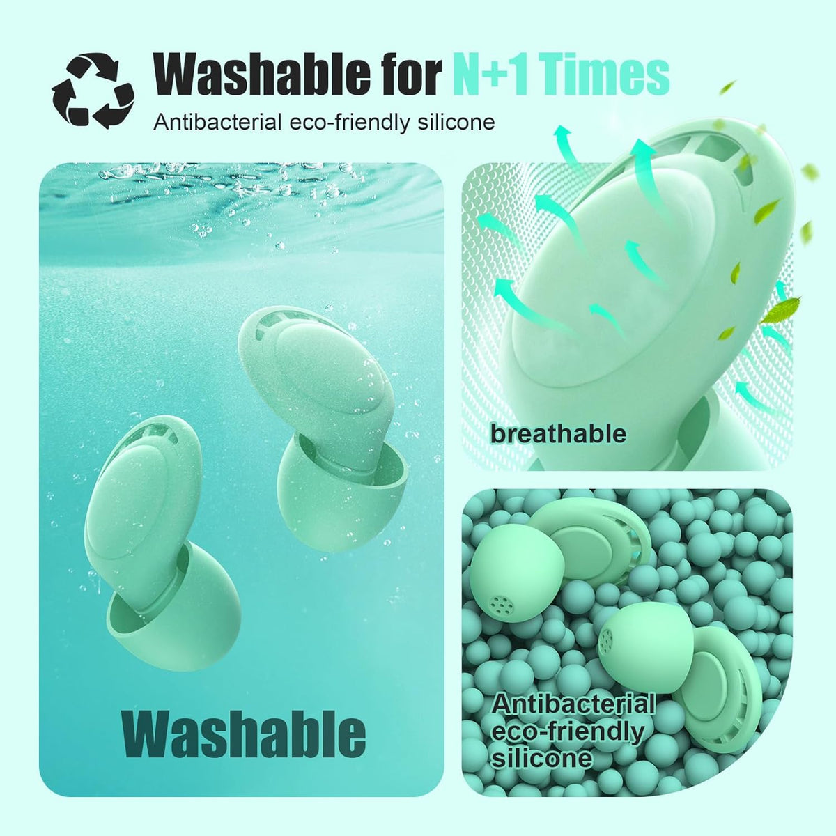 Ear Plugs for Sleeping Noise Reduction, Beinkap Reusable Earplugs Hearing Protection for Focus, Study, Work – 6 Pair Eartips in S/M/L – Flexible Silicone Soft – 35dB Noise Cancelling - Green