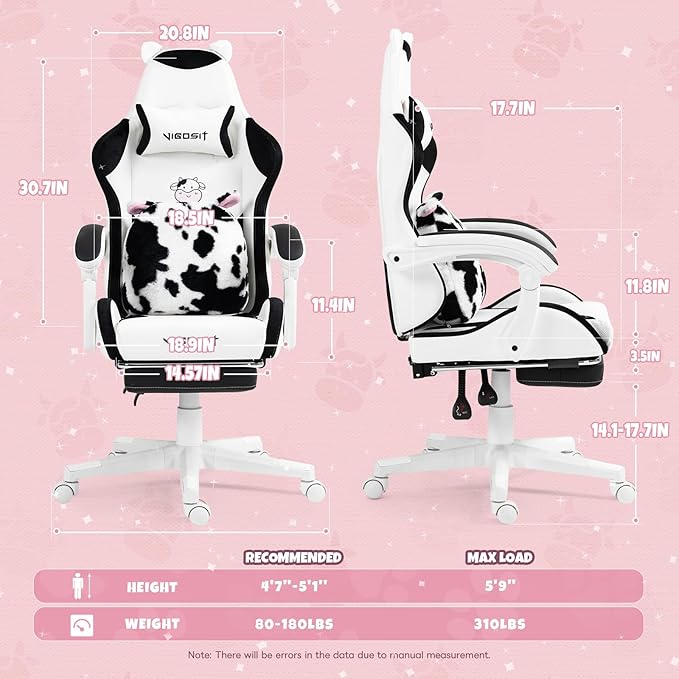 Gaming Chair Cute with Cat Ears Paw Lumbar and CushionErgonomic Computer Chair with FootrestReclining PC Game Chair for Girl Computer Chair 300lbs for Adult (Black&ampWhite)