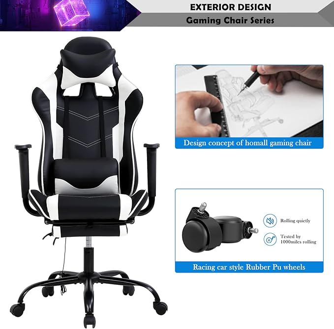 Video Game Chair Ergonomic PC Gaming Chair PU Leather Computer Game Chair with Headrest and Footrest Adjustable Armrest High Back Lumbar Support Racing Swivel Chair for Adults Kids White
