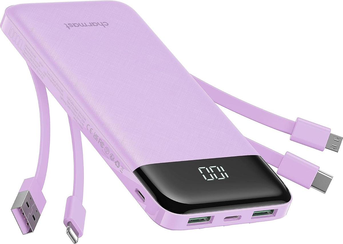 charmast Portable Charger with Built in Cables, Power Bank with Cords Wires, Slim 10000mAh Travel Battery Pack 6 Outputs 3 Inputs 3A Fast Charging for Samsung Google Pixel LG Moto iPhone iPad