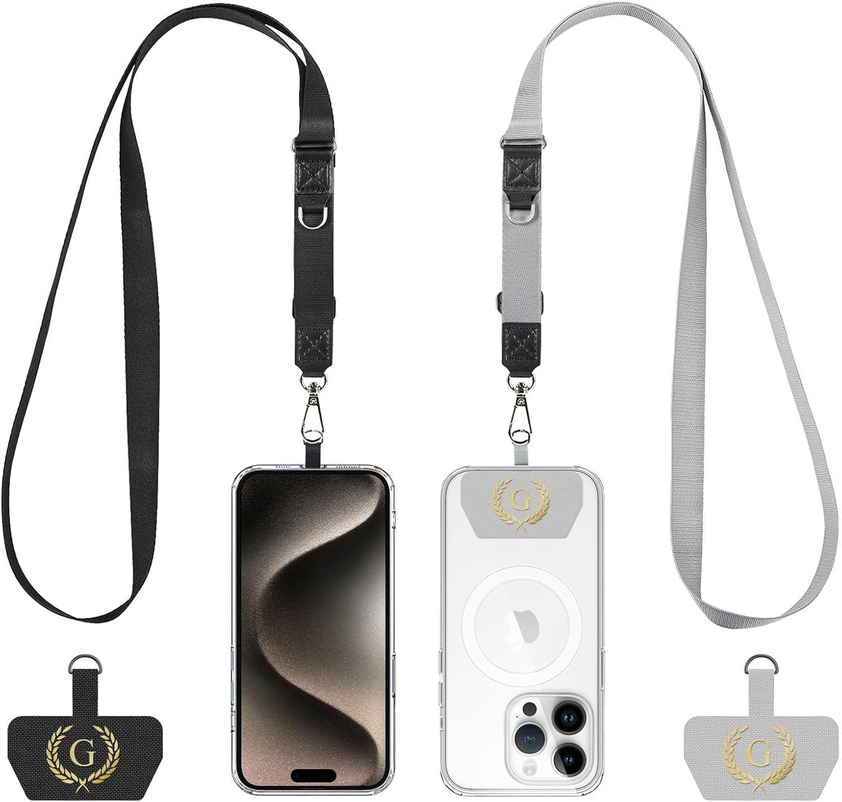 Phone Lanyard 2 Pack, Adjustable Cell Phone Multifuctional Patch Lanyards,Compatible with Most Smartphones and Wallets Keys ID Badges Travel Essentials(Black+Gray) (Lanyard Letter Sign G)
