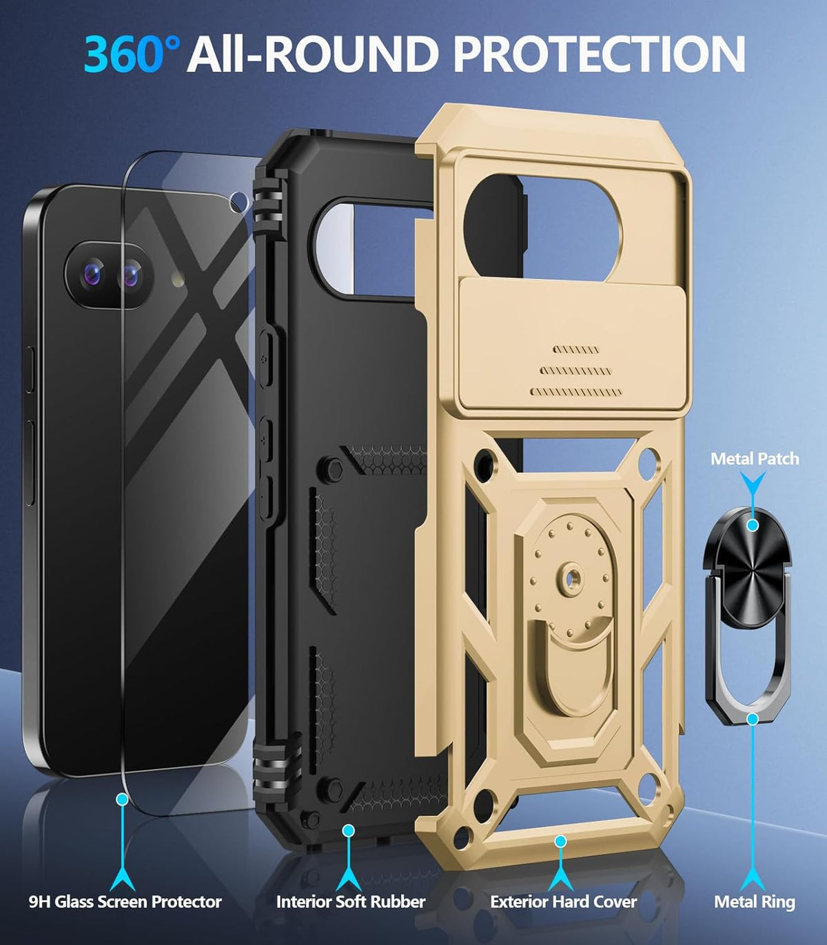 Taisairu for Google Pixel 9A Case with Screen Protector & Slide Camera Lens Cover, Built-in 360°Rotate Magnetic Ring Stand Shockproof Protective Phone Case for Google Pixel 9A Case (Gold)