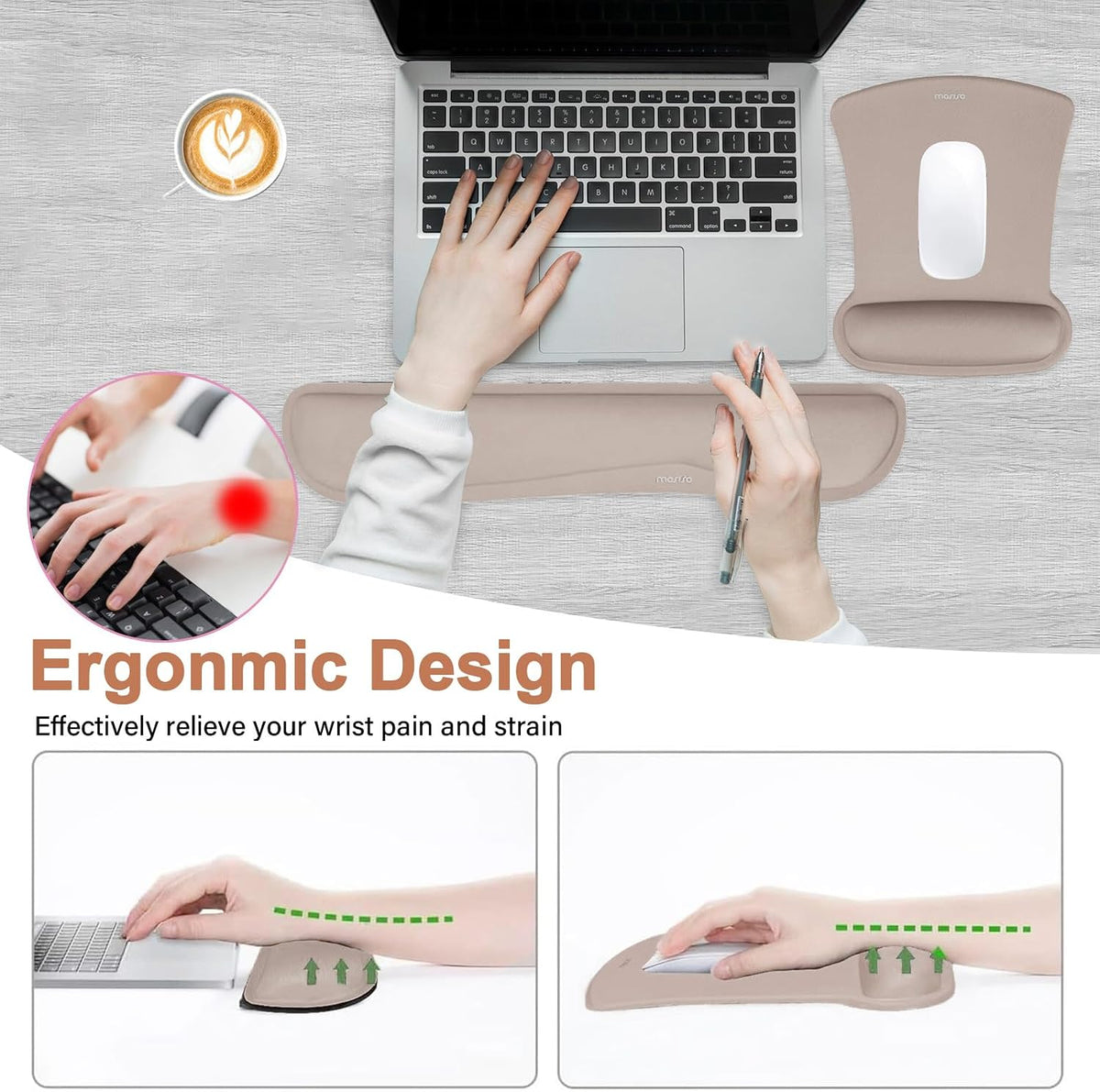MOSISO Wrist Rest Support for Mouse Pad & Keyboard Set, Ergonomic Mousepad Non-Slip Base Home/Office Pain Relief & Easy Typing Cushion with Neoprene Cloth & Raised Memory Foam, Taupe Brown
