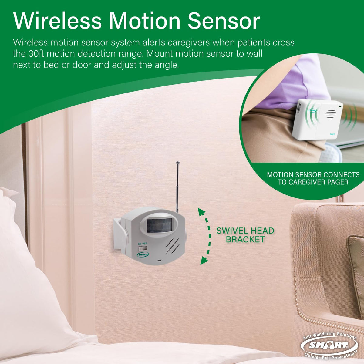 Smart Caregiver Wireless Motion Sensor Alarm System with Pager for Fall and Wandering Prevention | Mountable Motion Detector Alarm Alerts Medical