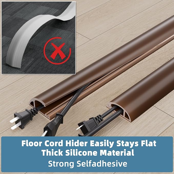 4ft Side Buckle Floor Cord Cover for Wires, Selfadhesive Extension Cord Hider Easy Floor Cable Management Prevent Cable Trips,Silicone Floor Wire Covers for Cords, Cable Protector Cord Cavity（Brown）