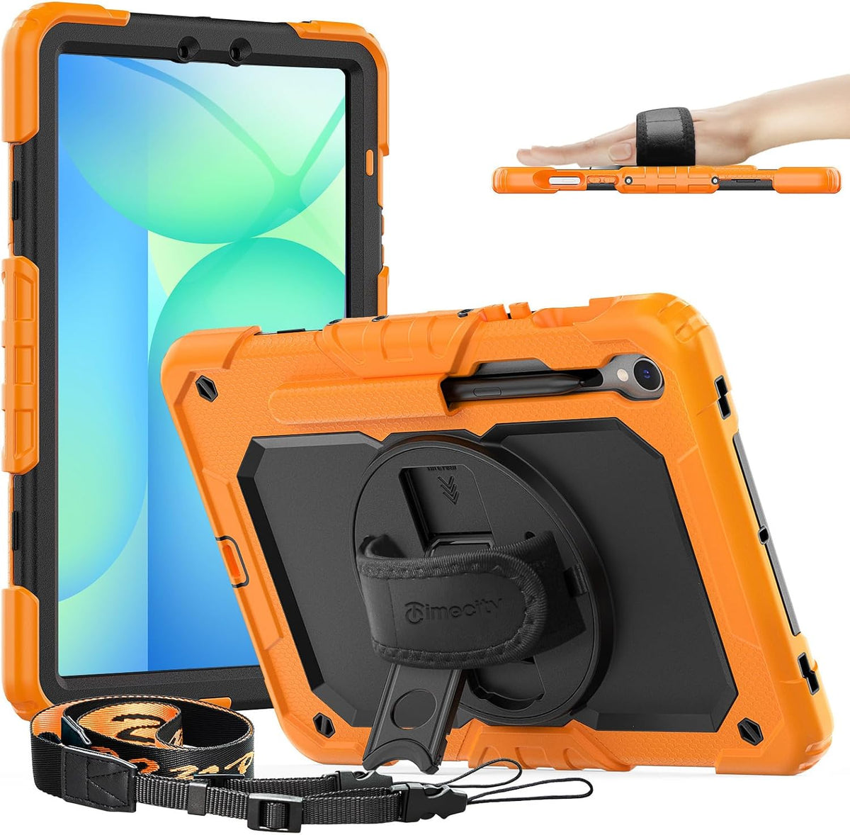 Timecity Case for Samsung Galaxy Tab S10 FE/ S9 FE 5G 10.9 Inch/ S9 11 Inch - Heavy Duty Protective Cover with Screen Protector, Rotating Stand, Shoulder Strap & S Pen Holder | Kids-Friendly, Orange