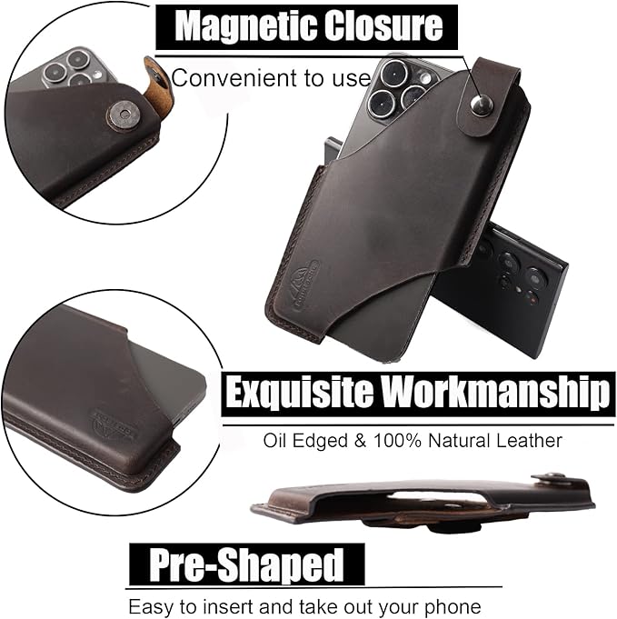 Topstache Leather Phone Holster with Belt Clip for iPhone 17/16/15 Pro Max & Plus - Magnetic Closure Cell Phone Case for Galaxy S25/S24 Ultra - Leather Belt Holder Loop Case, L,Darkbrown
