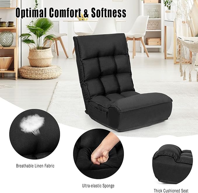 DORTALA Foldable Floor Chair for Adults Memory Foam Gaming Chair w/ 5-Position Adjustable Head and Back Support Indoor Seat for Bedroom Living Room Gaming Room Black