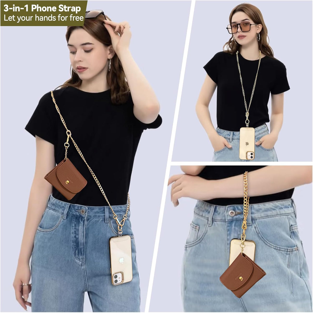 Clip and Go Strap for Phone with Wallet Metal Gold Chain Crossbody Phone Lanyard for Women Adjustable Detachable Wristlet Charm Small Purse Leather Card Holder Zipper with iPhone Stand 2 Patches Brown
