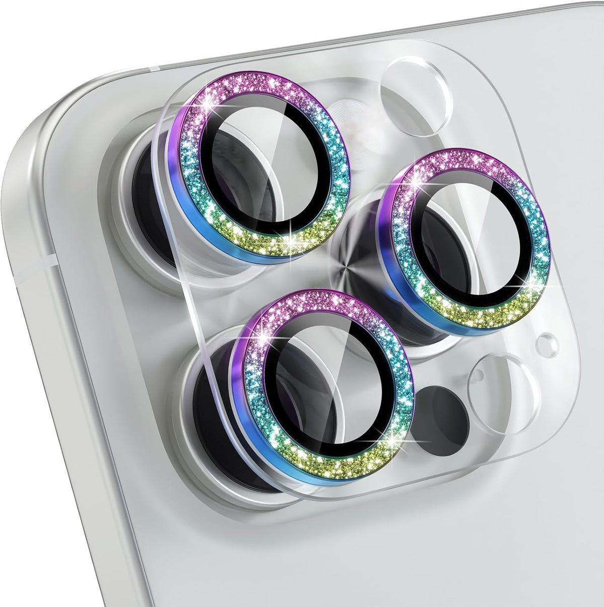 Choiche Compatible for iPhone 16 Pro/iPhone 16 Pro Max Camera Lens Protector, Bling Camera Cover with 9H Tempered Glass Lens Screen Protector Metal Ring Decoration Accessories (Clear-Colorful)