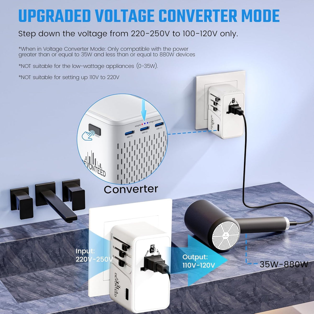 Travelconverter Adapter Voltage Converter That Steps Down 230 Volts to 120 Volts for use in Over 200 Countries,Including The U.S., U.K., Europe, and Australia(White)