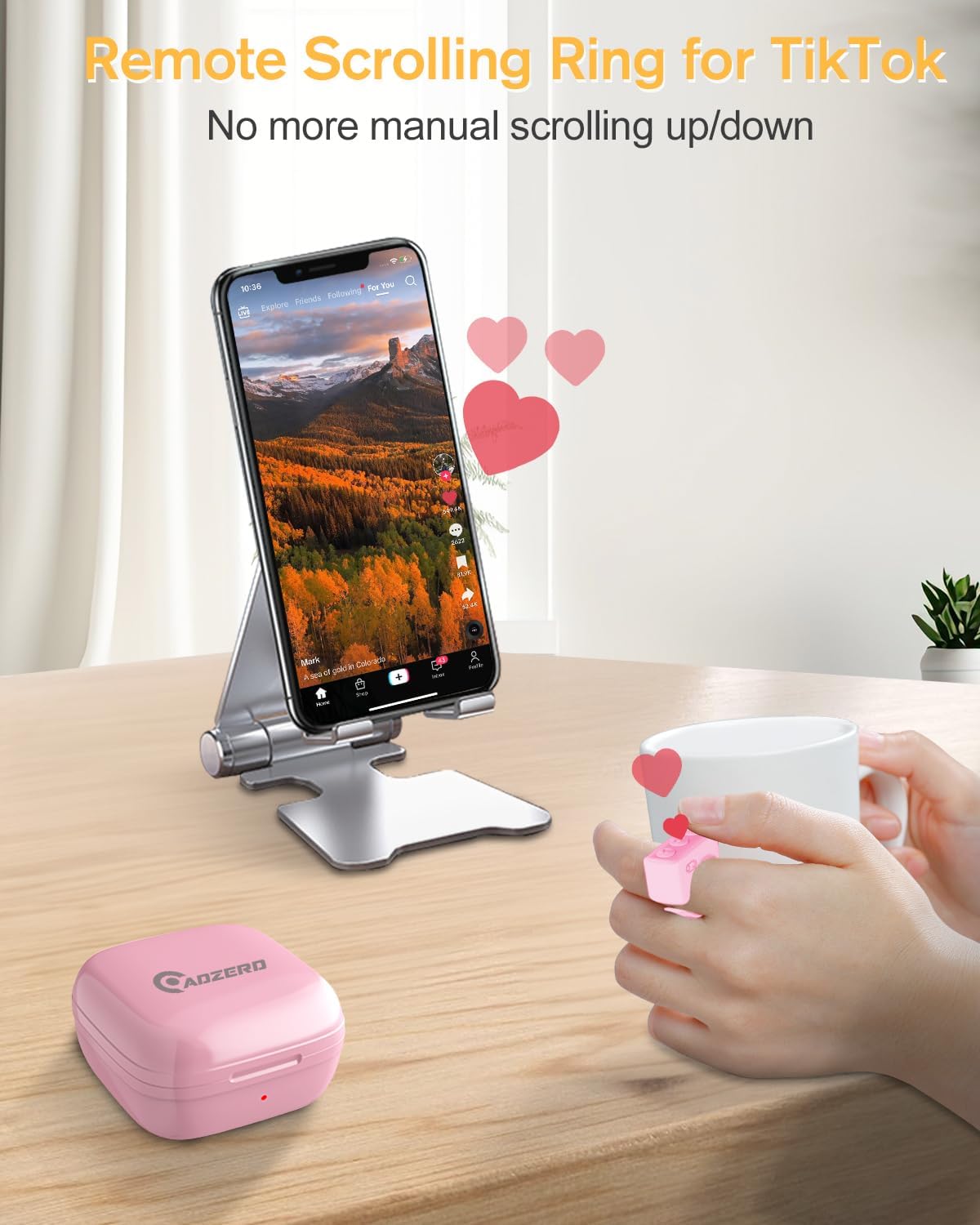 ADZERD Remote Control for TikTok, Page Turner for iPhone/iPad, Bluetooth Camera Video Recording Remote, Scrolling Ring for TIK Tok, Compatible with iOS/Android Phones & Tablets - Pink
