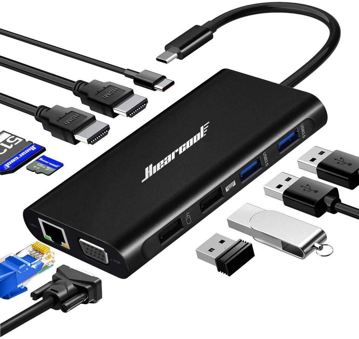 Hiearcool USB C Laptop Docking Station, 11-in-1 Type C Hub Multiport Adapter Dongle, USB C Dock with Dual HDMI VGA 100W PD Charging Gigabit Ethernet for Dell HP Lenovo Windows Laptops